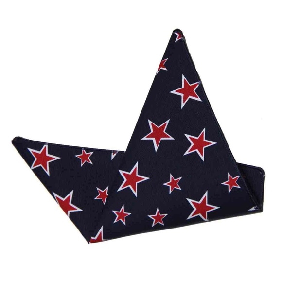 Linen Cotton Pocket Square Red White Blue Men's Stars Pattern - Picture 1 of 2